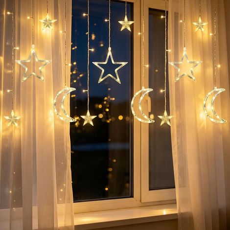 Guirlande lumineuse rideau lune étoile, 11,5 pi 120 LED, lumières féeriques lune avec USB et piles (non incluses), 8 modes d'éclairage, IP65 étanches, lumières de nuit étoilée pour Noël, Ramadan, mari (1/5)