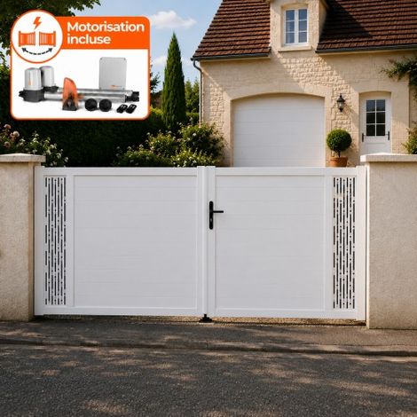 Portail battant électrique PVC blanc H140 x L350 ARLES DÉCOR RECTANGLES (1/5)