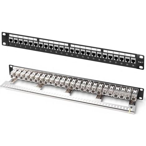 Panneau de brassage 24 ports CAT7 1 U 19" - Montage en rack - Blindé - Compatible avec les modules Keystone (CAT5/CAT6/CAT7/CAT8) - Pour réseau 10 Gbit/s - 600 MHz - Noir - Boîtier vide à (1/5)