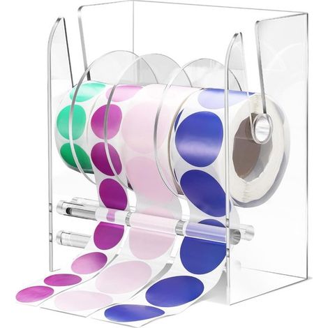 Dispensador de etiquetas - Soporte para rollos de pegatinas - Organiza etiquetas - Diseño ajustable - Capacidad para 4 rollos - Transparente (1/5)