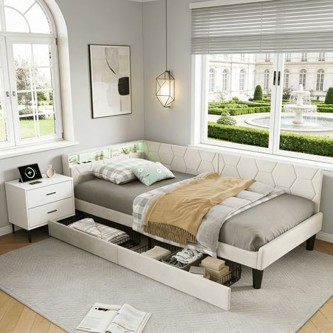 Lit simple 90x200 cm avec 2 tiroirs, tête de lit capitonné avec éclairage LED et ports USB, canapé lit convertible, sommier à lattes en bois, velours, beige (1/5)