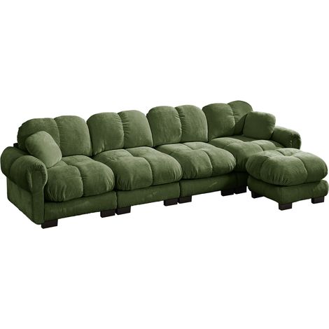 Canapé d'angle modulable 4 places en tissu chenille vert avec ottomane mobile (1/5)
