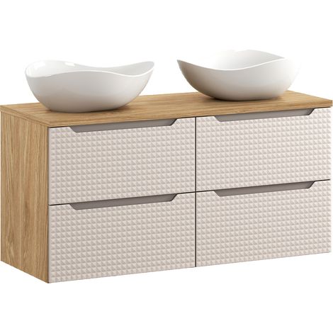 Doppelwaschtisch 120cm Mallory mit 2 Schubladen, Beige und Holzoptik