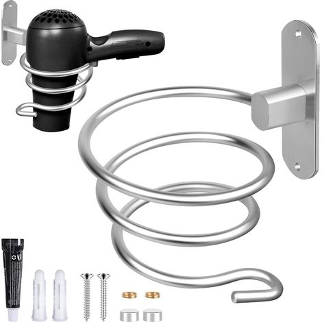 1 - Support Sèche-Cheveux - Acier Inoxydable - Fixation Sans Percer Ou À Vis - Pour Salle De Bain Chambre Balcon - Argenté - 25x10cm (1/5)
