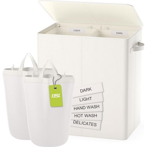 Wäschekorb mit Deckel, 135L, 2 Fächer, faltbar, beige (1/5)