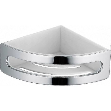 Panier d'angle de douche élégant, chromé et blanc, idéal pour le rangement dans la salle de bain. (1/5)