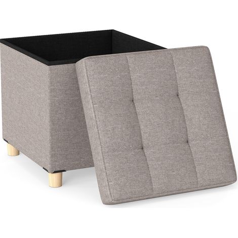Pouf de 45 cm avec Rangement, Repose-pieds en Lin avec Plateau et Pieds en Hévéa, Tabouret à Langer Carré pour Salon, Chambre et Couloir, Gris (1/5)