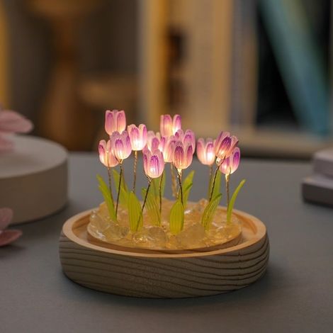 Veilleuse rose, lampe en forme de fleur en verre avec base en bois pour filles et femmes, décoration de table de chevet romantique, cadeau de bureau, 10 x 10 cm (1/5)
