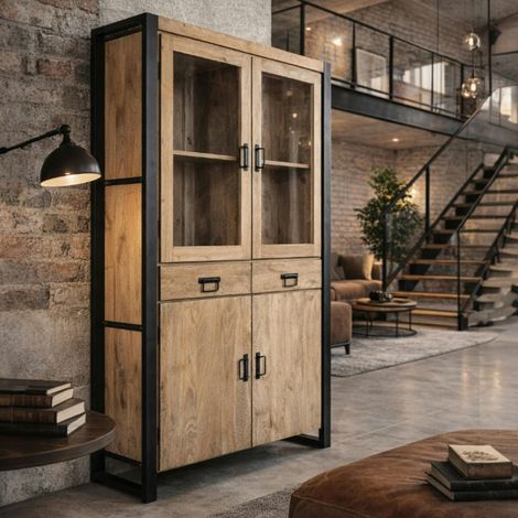 Vaisselier en bois clair et métal noir 4 portes MILORA (1/5)