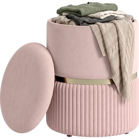 Pour salon et chambre : pouf coffre tabouret repose-pied d'appoint, assise ronde en velours côtelé rose 36x36x44 cm (1/5)