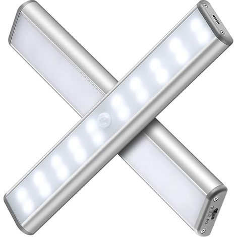 Lot de 2 lampes LED à induction pour placards de cuisine, penderies, escaliers et armoires (blanches). Éclairage sous-meuble ultra-mince, rechargeable par USB, avec détecteur de mouvement et 20 LED.