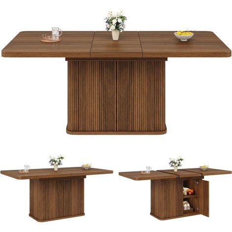 Table à Manger 180 cm plateau extensible rangement dissimulé reliefs verticaux et aspect bois foncé (1/5)