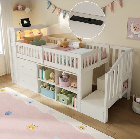 Cama semialta infantil 90x200 cm de pino y MDF blanco con almacenaje, sin colchón - CHICFURN (1/5)