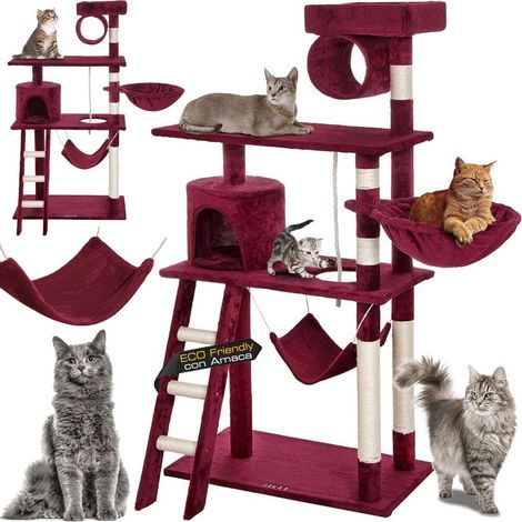 Grattoir, Arbre à Chat, Arbre d'escalade avec hamac, colonnes en sisal, Stable et Extra Large, abris, escalier, Jeu en sisal et Corde de Jeu, Hauteur de 143 cm, Rouge (1/5)