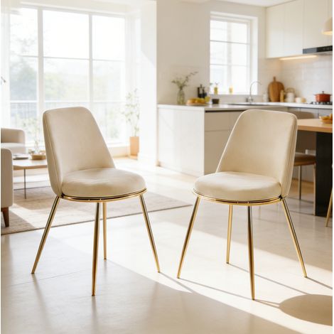 Juego de 2 sillas de comedor de terciopelo, patas de metal chapado en oro, blanco crema HAVRYA (1/5)