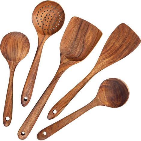 Ustensiles de Cuisine,5 pcs Ensemble d'ustensiles de cuisine japonais en bois Outils Ensembles d'ustensiles résistant à la chaleur sans égratignures (1/5)