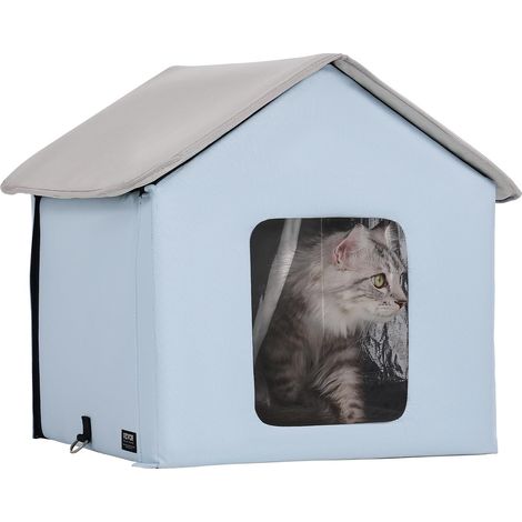 Maison Chat Chauffante, Niche Chat Extérieur avec Coussin Chauffant, Température Réglable, Minuterie, Abri Hiver pour Chats Pliable en Tissu Oxford 600D Confortable pour Rester au Chaud, Bleu, S (1/5)
