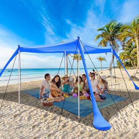 Tente de plage, voile d'ombre plage, 3 x 3 m, SPF 50+, piquets de sable inclus, barres de stabilité, protection vent et soleil, extérieur, camping (1/5)