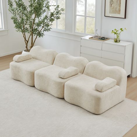 Canapé modulaire 3 places en velours beige, sans armature, mousse haute densité 32D HAVRYA (1/5)