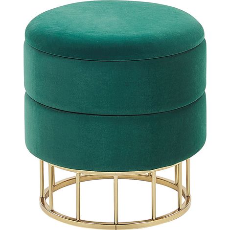 Puf con almacenaje tapizado en terciopelo de poliéster verde oscuro base dorada accesorios de diseño Elgin