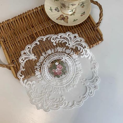 Lot de 2 sets de table rétro en dentelle brodée de fleurs françaises vintage pour décoration de la maison, blanc cassé (blanc, diamètre 28 cm) (1/5)