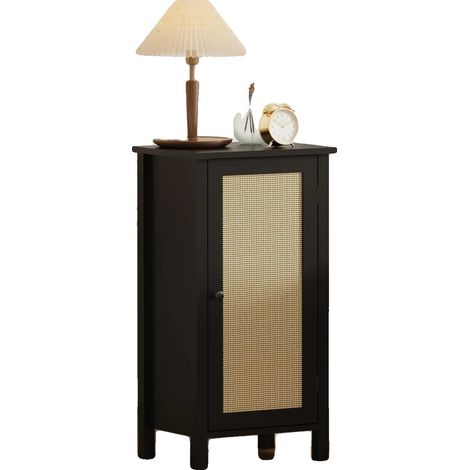 Table de chevet, Hauteur 82 cm, Bois reconstitué avec porte en rotin, Assemblage requis, Polyvalent pour la chambre et le salon, Style boho moderne (1/5)