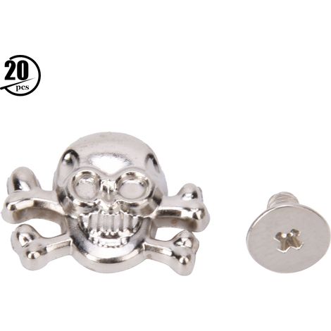Set mit 20 Punk-Nieten, 15 mm Totenkopf mit Knochen, gotische Gepäckornamente, silberner Totenkopf (1/5)