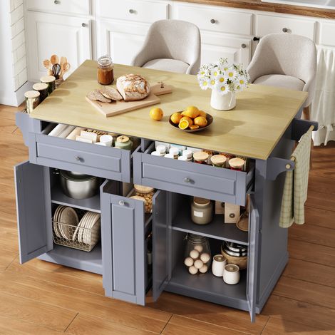 Carrello da cucina mobile con piano pieghevole, vano contenitore, su ruote, 121x69x89 cm, MDF naturale e grigio (1/5)