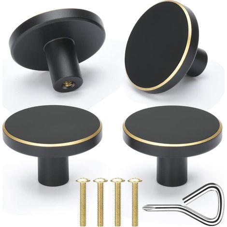 Juego de 4 tiradores redondos de latón para muebles, tiradores redondos para cajones de cocina, para dormitorio, baño (negro + dorado) (1/5)