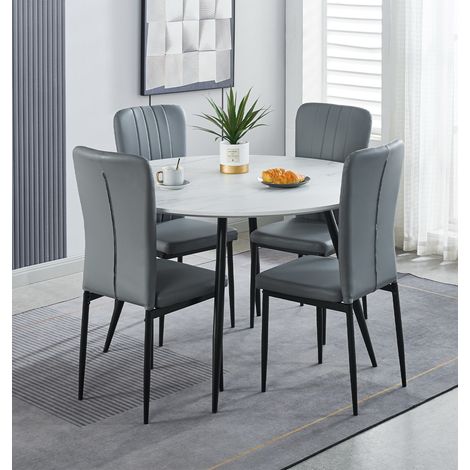Hallowood Furniture Cullompton Large Round Dining Table and Chairs Set 4, White Marble Effect Kitchen Table and Chairs Upholstered in Grey Faux Leather, Dining Room Sets for Home and Cafe (1/5)