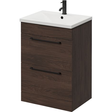 Napoli 460 Brown Oak 600mm 2 Drawer Vanity Unit with Glide Basin - 600mm - Matt Black 320mm Handle