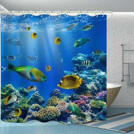 El baño utiliza cortinas de ducha 3D Mundo Submarino, lujosas cortinas de ducha impermeables para bañeras, cortinas de ducha de tela brillante, incluyendo 12 ganchos blancos, tamaño (59 (1/5)
