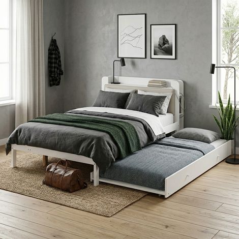 Lit gigogne 120×200 cm avec 90×190 cm - fonctionnel tête avec rangement - station de charge - espace ouvert pour invités - bois - blanc (1/5)