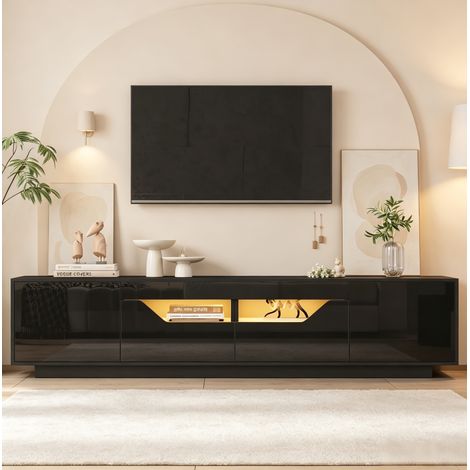 Mueble TV 180x40x45 cm de aglomerado negro con LED, para salón – MEUBLIV (1/5)