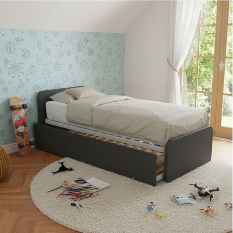 Letto singolo con letto estraibile, trasformabile in matrimoniale. Testate personalizzabili, reti in acciaio e doghe in faggio - Basalto
