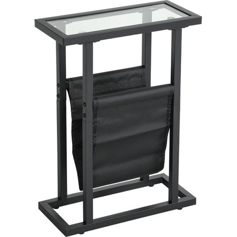 Table d'appoint/table basse avec poche en tissu, structure en métal, plateau en verre, table de chevet pour salon ou chambre, noire, 40 x 18 x 55,5 cm (1/5)