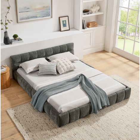 Bett 160x200 cm modern gepolstert in Dunkelgrau, Chenille-Bezug, Kopfteil mit Steppung, Eukalyptusholz- und Eisenrahmen (1/5)