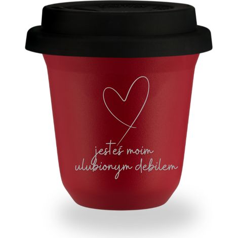 80 ml roter Becher „Du bist mein Lieblingsidiot“ mit schwarzem Deckel