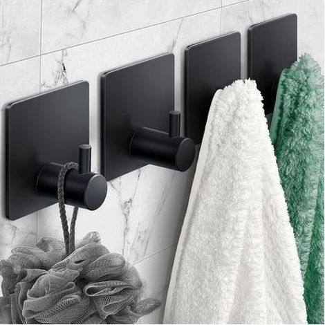 Set mit 4 mattschwarzen Klebehaken für Handtücher, robuste und wasserfeste Edelstahl-Wandhaken, Klebehaken zum Aufhängen von Mänteln/Hüten/Handtüchern/Bademänteln (1/5)