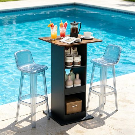 Table de bar haute carrée avec rangements, 60 x 60 cm, 109 cm, noir et brun rustique HAVRYA (1/5)
