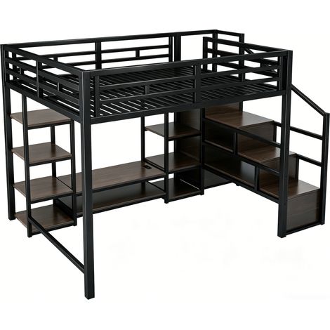 Letto a soppalco 140x200 cm nero con supporto TV, presa e scala contenitore in metallo e MDF (1/5)