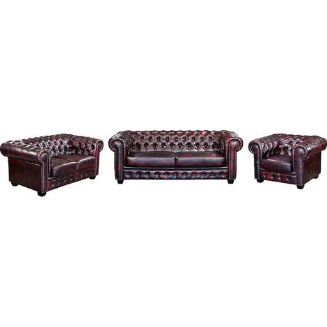 Divano chesterfield 3+2+1 posti 100% pelle di bufalo Cherry - BRENTON (1/5)