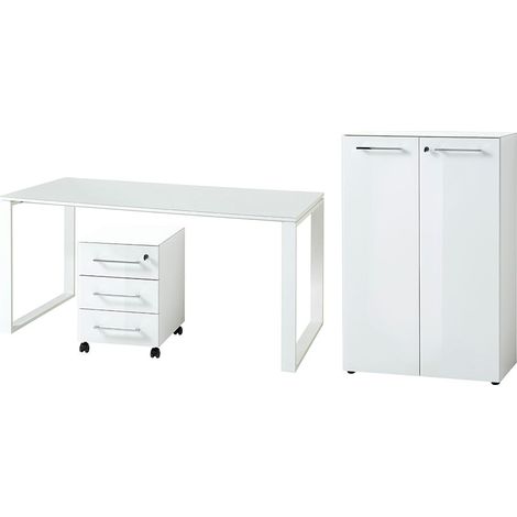 Büromöbel Schreibtisch Set weiß MONTERO-01 mit Glasfronten B x H x T ca.: 255 x 75 x 80 cm (1/5)