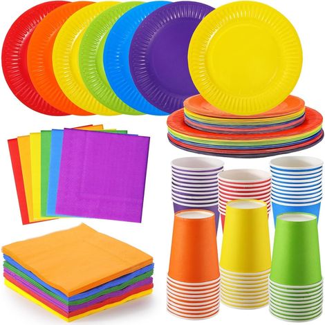 120 piezas de vajilla de papel colorida para fiestas: 30 platos llanos de 23 cm, 18 cm de plato hondo, 30 vasos de 270 ml y 30 servilletas de 25 cm, ideales para decoraciones de fiestas temáticas con
