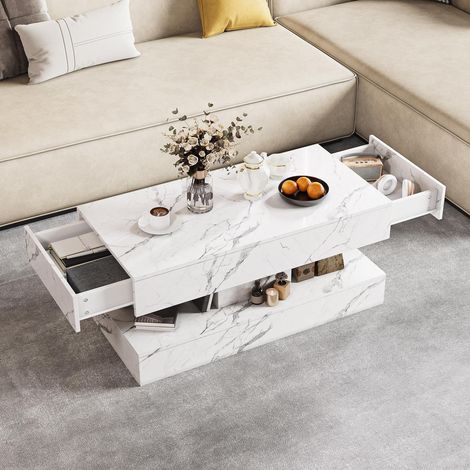 Table basse, 100x50x45 cm, table de salon avec éclairage LED intelligent, plateau effet marbre résistant avec 4 zones de rangement et tiroirs, blanc (1/5)