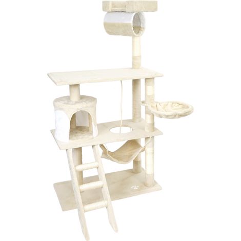 Wiltec – Arbre à chat beige et blanc 141 cm – 4 plates-formes d’observation – Zones de grattage en sisal – Facile à assembler