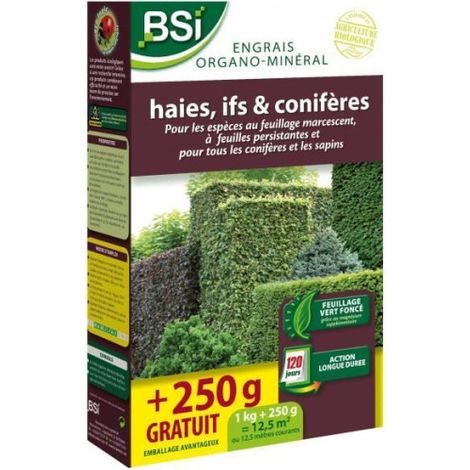 BSI - Engrais Organo-Minéral - Bio - Haies, Coniferes - Pour Feuillages Persistants Et Coniferes - 1Kg - Plus 250g gratuit - 12,5m² (1/4)
