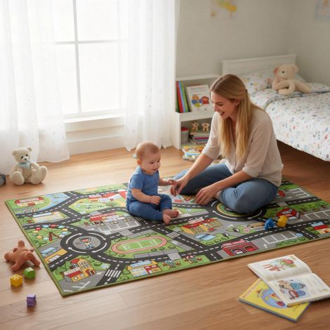 Tappeto gioco per bambini City Road 160x100 cm, antiscivolo, educativo, ideale per gattonare e giocare con le macchinine.