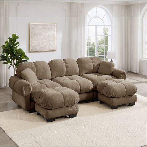 Sofá en U 260x149x90 cm de chenilla marrón con otomana móvil, modular – MEUBLIV (1/5)