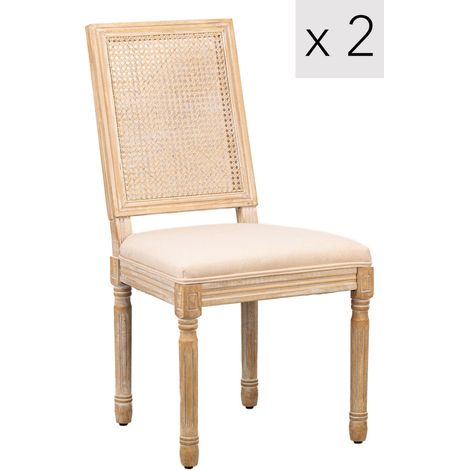 Nordlys – Lot de 2 chaises classiques en bois hévéa et cannage – Assise en tissu polyester – Hauteur d'assise 50 cm – Pour salle à manger ou bureau (1/5)